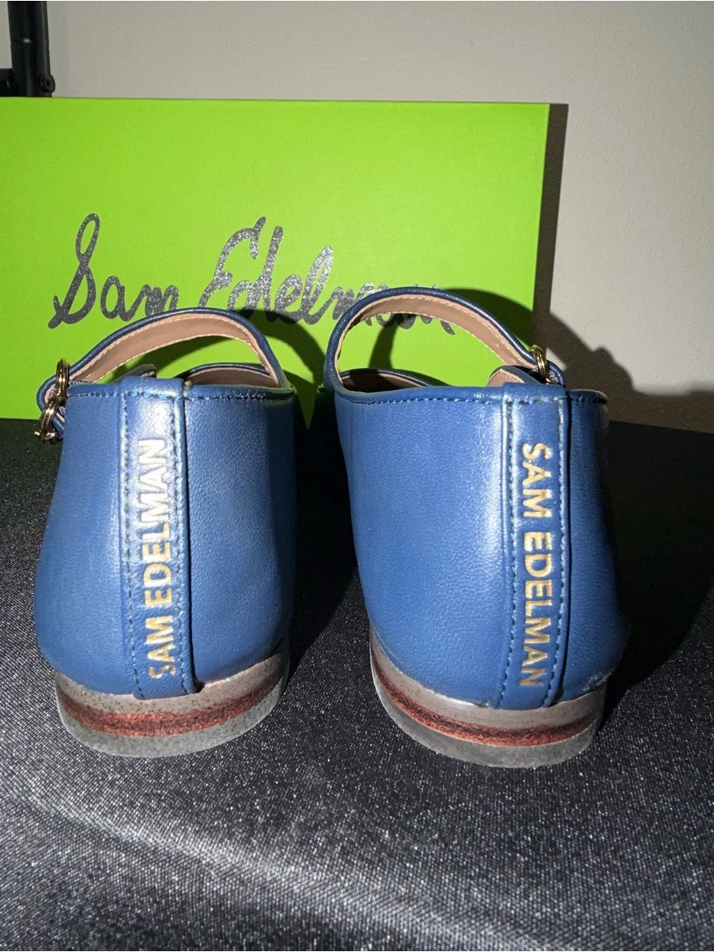 Sam Edelman “Michaela” Blue Leather Mary Jane Flats with Gold Buckle
